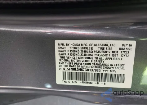 2016 Honda Odyssey Ex-L from USA, damaged, VIN 5FNRL5H67GB137985